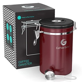 Coffee Canister - Coffee Gator Stainless Steel Coffee Container - Fresher Beans and Grounds for Longer - Date-Tracker, CO2-Release Valve and Measuring Scoop - Large, Red
