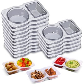 Double Compartment Condiment Containers with Lids, 2 Compartment Snack Containers, Portion Cups Reusable Plastic Snack Container for to-go Sauce, Sampling, Travel Snack (20PCS Transparent)