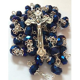LION OF JUDAH MARKET Deep Blue Glass Crystal Beads Rosary Necklace Holy Soil Medal Silver Plated New in Box
