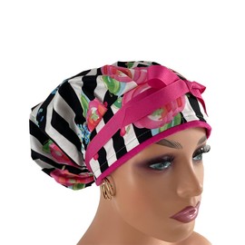Bouffant Medical Cap – Flowers Over Stripes.- Sweatband Ponytail Pouch Tie Back Hats Bouffant Scrub Hats. Scrub Hat for Women & Men tie Back. Nurses Hats Ponytail Holder Dr. Hats. Long Hair
