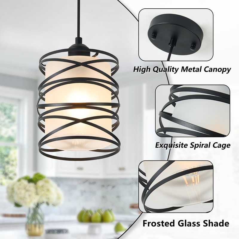 3 PACK Frosted Glass Pendant Light Fixtures 6.3Inch Spiral Metal