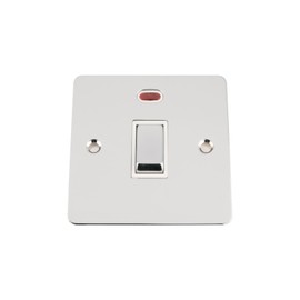 20A Double Pole Switch - Polished Chrome Flat - White - Metal Rocker Switch - DP Water Heater Switch with Neon Indicator