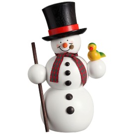 Seiffener Volkskunst Incense Smoker Figure 15 cm Snowman Original Ore Mountains 12213 with Bird