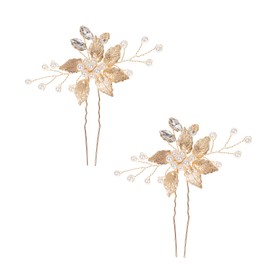 2 Pcs Gold Bride Wedding Headpiece, Pearl Leaves Hair Pins Accessories, Vintage Golden Leaf Hairpin, Bridal Crystal Flower Hair Pieces, Bridal Headpiece for Women and Girls (Gold)