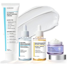 Skin Care 4 En 1 Kit, con 1 Crema Hidratante Niacinamida + 1 Crema para Cuello + 1 Serum Centella Asiatica + 1 Serum Péptidos Propóleo, Hidrata, Ilumina, Reduce Líneas Finas y Marcas de Acné