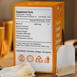 TOG999, Premium 20 Tea Bags Turmeric, Ginger, Cinnamon, 100% Natural, Hand-made Blend of Turmeric, Ginger, and Cinnamon Herbal Tea. Eco-conscious Tea Bags. No Sugar, No Caffeine, No Gluten, Vegan.