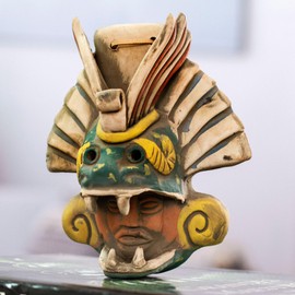 NOVICA Handmade Ceramic Mask Earthtone Quetzalcoatl Wall Multicolor Mexico Masks Animal Themed Cultural Aztec Snake 'Quetzalcoatl Revered'