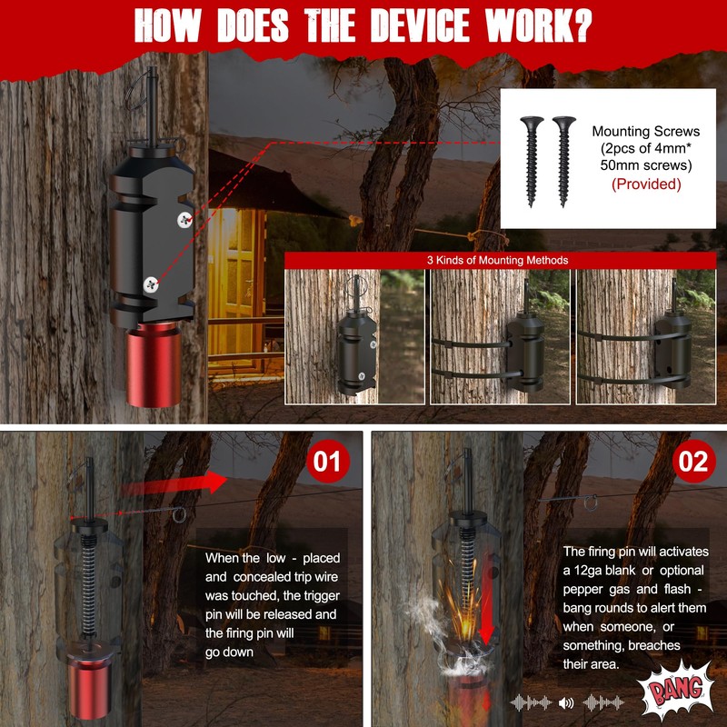 Perimeter Trip Alarm, 12 Gauge Camping Trip Wire Alarm Device,