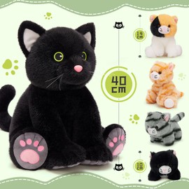 MorisMos Big Black Cat Teddy Soft Toy, 40cm Mom with 4 Cuddly kittens Baby Inside, Giant Fluffly Plush Cat, Realistic Kawaii Stuffed Animal Gift for Kids Birthday Deco