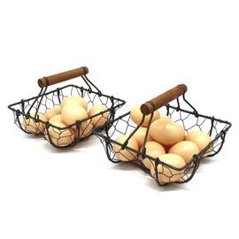 CVHOMEDECO. Chicken Wire Egg Baskets Rust Gathering Baskets with Wooden Handle Country Vintage Style Storage Baskets. Set of 2 (Square)