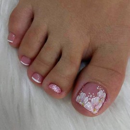 White French Tip Press on Toenails Short Square Fake Toe Nails with Flower designs Acrylic Stick on Toenails Glitter Rhinestones Full Cover Pink False Toenails Glue on Toenails for Women Summer 24pcs