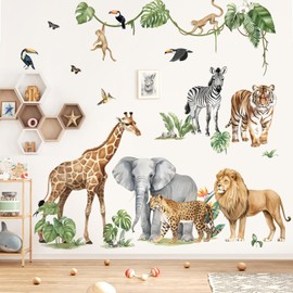 decalmile Wall Sticker Safari Animals XXL Elephant Giraffe Wall Sticker Jungle Animals Lion Leopard Zebra Wall Sticker Nursery Baby Room Bedroom Wall Decoration