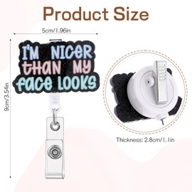 ElevateTech Funny Badge Reel Retractable I'm Nicer Than My Face Looks Nurse ID Card Badge Holder Acrylic Name Badge Reels Alligator Clip Swivel Keychain for Nursing Doctor Medical Worker Teacher