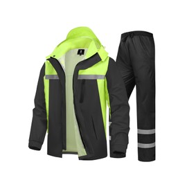 SaphiRose Men's Rain Suit High Visibility Reflective Work Rain Jacket Pants for All Sport Farm Fishing Motorcycle (Black/Green,X-Large)