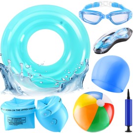 MiniInflat Kids Swim Tubes Rings Swim Goggles Swimming Goggles with Anti-Fog and Anti-UV Inflatable Arm Floaties Silicone Swim Tube Raft Swimming Cap Beach Ball Air Pump Pool Toys Floats (Blue)