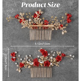 Wedding Hair Comb with Pearls and Crystal Leaf, Elegant Wedding Headpiece for Women and Bridesmaids (Red)