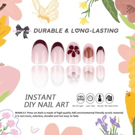 Gold Curve Line Press on Nails Short Almond MABKJLF French Tip Fake Nails False Nails with Flower Designs Floral Glossy Glue on Nails Stick on Nails for Women Girls 24Pcs