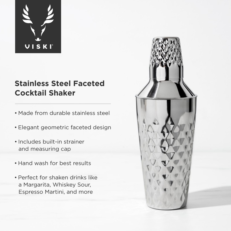 Viski Diamond Cocktail Shaker Set, 25 oz Faceted Stainless Steel