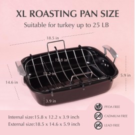 Uukrave Turkey Roasting Pan with Rack (U-Shaped), Extra Large 18.5 x 14.6 Inch Nonstick Roaster Pan for 25 lb Turkey or Chicken, Deep Oven Tray with Wide Handles, Heavy Duty Steel, Nontoxic