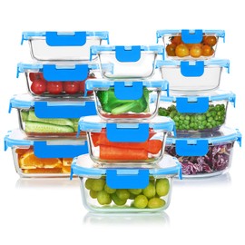 KOMUEE 24 Pieces Glass Food Storage Containers Set,Glass Meal Prep Containers Set with Lids-Stackable Airtight Glass Storage Containers with lids, Freezer to Oven Safe,Blue