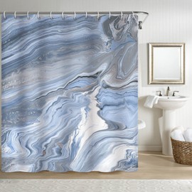 Blue Gary Marble Shower Curtain 70W x 72L Inch Abstract Marble Texture Print Polyester Bathroom Curtain Aesthetic Shower Curtain Set with Hooks