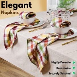 Native Fab Multi Check Cloth Napkins - Set of 12, 100% Cotton, 16x16 inch, Soft, Absorbent, Washable & Reusable Table Napkins for Dinner, Holiday, Farmhouse, Gift - Burgundy, Yellow, Rust, Green