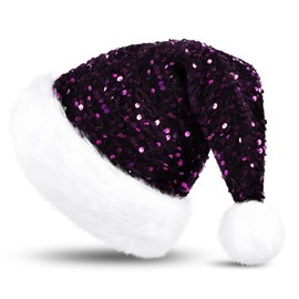 KONVINIT Purple Christmas Hat Adult Santa Hat Santa Claus Hat with Glitter Sequins and Plush Edge for Festive Christmas Party Christmas Tree, Purple