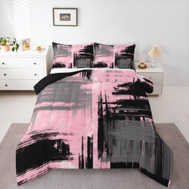 Abstract Bedding Set for Kids Boys Girls Pink Grey Comforter Set Full Size Geometric Duvet Quilt Bedroom Decor Breathable Soft Lightweight Microfiber Geometry 3Pcs