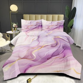 CCoutueChen Purple Marble Comforter Set King Size Gold Glitter Marbling Bedding Set Watercolor Abstract Art Down Comforter Aesthetic Marble Print Bed Set for Adult Women Kids Teens Bedroom Decor