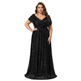 Giffniseti Women's Plus Size V Neck Sequin Formal Maxi Dress A-Line Prom Evening Party Gowns Black