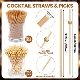 Domensi 200 Pcs Cocktail Straws and Picks Kit 5 Inch Short Biodegradable Straws and 4.7" Gold Mocktail Toothpicks Compostable Cocktail Stirrers Straw for Drinks Fruit Skewer Bar Cafe Club Party