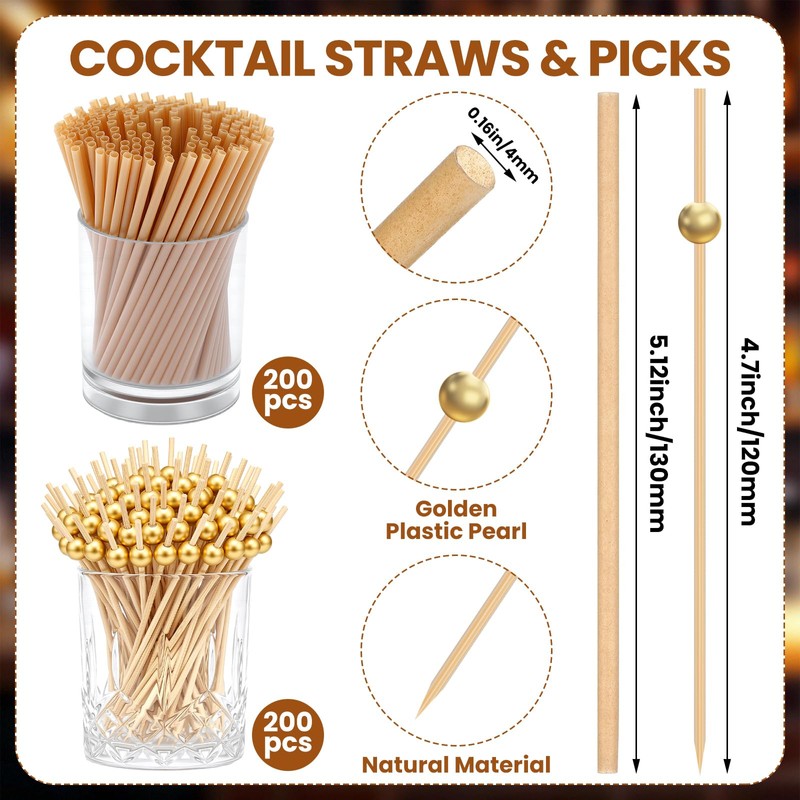 Domensi 200 Pcs Cocktail Straws and Picks Kit 5 Inch