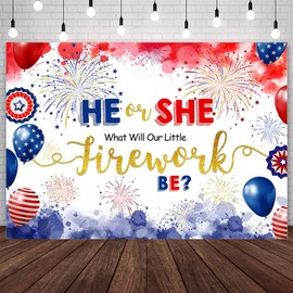 AIBIIN 7x5ft Firework Gender Reveal Backdrop He Or She What Will Our Little Firework Be 4th of July Gender Reveal Photography Background Red White Blue Independence Day Gender Reveal Party Decoration