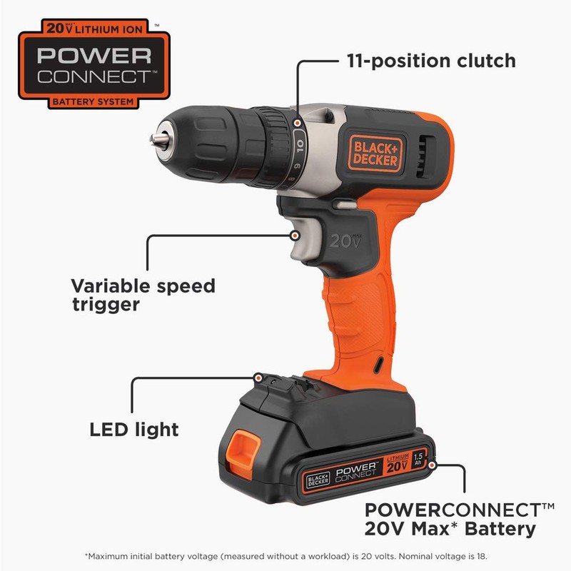 BLACK+DECKER 20V MAX Cordless Drill Kit with ‎Battery, Charger, Includes