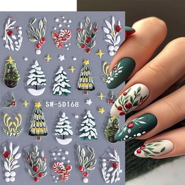 Christmas Nail Art Stickers 5D Embossed Christmas Nail Decals 2PCS Santa Claus Christmas Tree Snowflake Adhesive Nail Art Decals Elk Bow-Tie Candy Christmas Stickers for Nails DIY Manicure Decorations