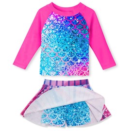 Teenager Girls Mermaid Swimsuit Purple Long Sleeve Rash Guard Swimwear Quick Dry Two Piece Bathing Suit with Skirt Bottom for Brithday Gift 7-8 Years