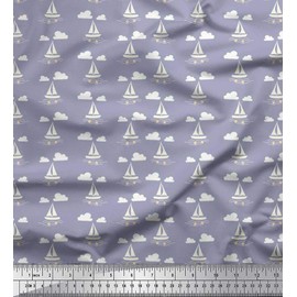 Soimoi Gray Viscose Chiffon Fabric Cloud,Fish & Yacht Nautical Decor Fabric Printed BTY 42 Inch Wide