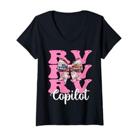 Womens RV Copilot RV Camping Camper Motorhome Girl Mom Coquette Bow V-Neck T-Shirt