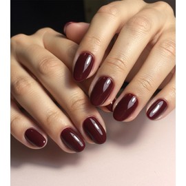 Morily Burgundy Press on Nails - Glossy Short Oval Fake Stick on Nails, Reusable Full Cover Artificial False Fingernails for Women, 24 Pcs in 12 Sizes