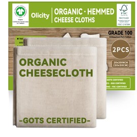 Organic Cheese Cloths, GOTS Certified, 2PCS, Grade 100, 20x20Inch Hemmed Cheese Cloth Reusable Muslin Cheesecloth for Straining, 100% Cotton Unbleached Fine Mesh Cloth Cheese Cloths for Cooking, Herbs