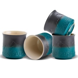 ZENS Japanese Tea Cup Set of 4, Embossed 8 oz Ceramic Japan Tea Cup for Loose Tea or Matcha Tea, Asian Tea Cup No Handles, Chinese Tea Cup, Traditional Occupied Japan Tea Cups, Dark Green
