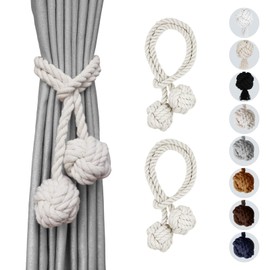 Remunkia 2 Pieces Curtain Tiebacks, Outdoor Curtain Tiebacks, Boho Curtain Tiebacks with Handmade Natural Cotton Rope and Balls, Bohemian Style Simple Decorative Curtain Tiebacks (Beige, 2)