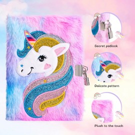 PESLNG Secret Diary Girl with Lock, Plush Notebook with Padlock, Private Notebook, Tie Dyed Unicorn Gift Notepads School Office Travel Notebooks, Kids Diary