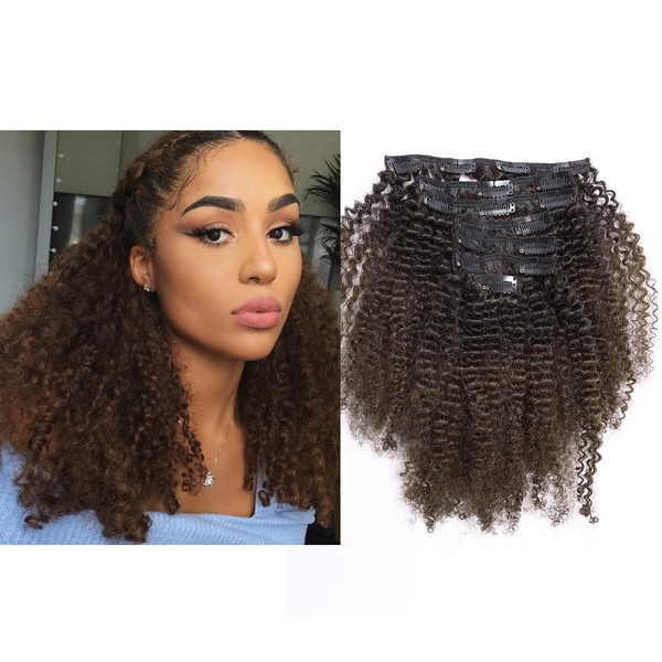Lacer Ombre Remy Clip in Human Hair Extensions Afro Kinky Curly Clip 4B 4C Real Remy Natural Black Hair Extension Clip in Human Hair Two Tone T#1B/4 Dark Brown Color Full Head 18 Inch