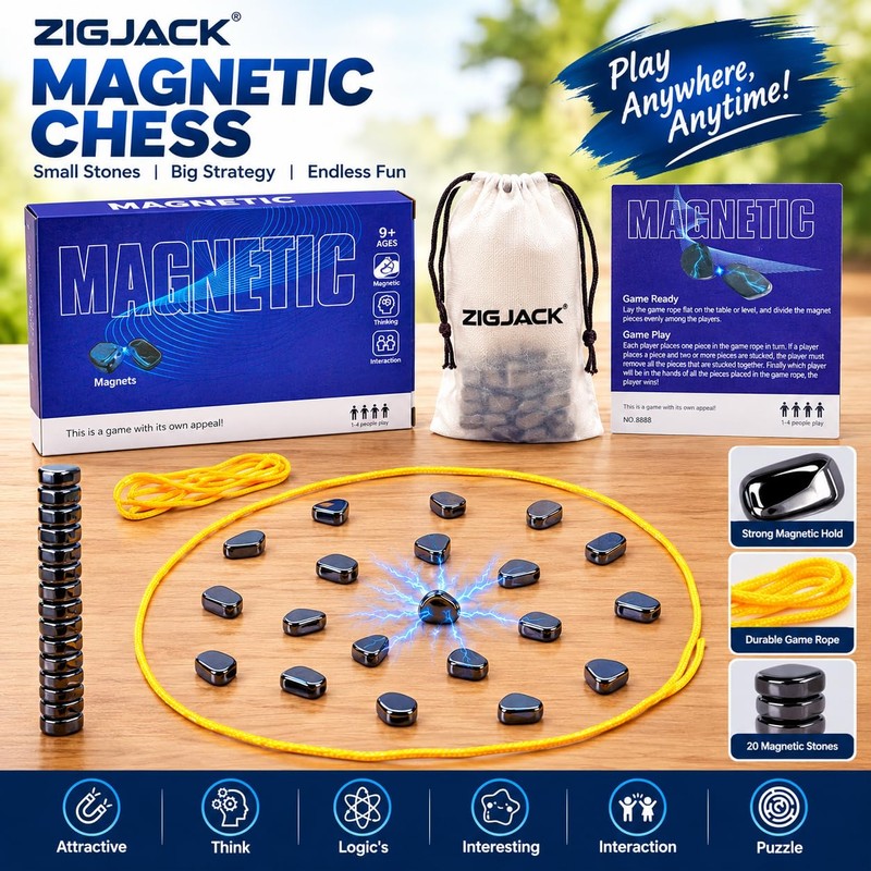 ZIGJACK Magnetic Chess Game with 20 Magnetic Stones – Portable