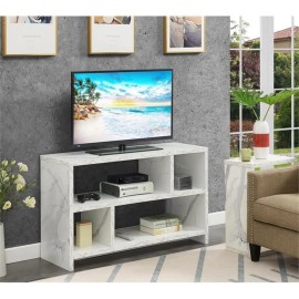 Pemberly Row TV Stand Console with Shelves in White Faux Marble Wood Finish