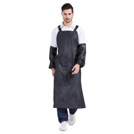Nanxson Unisex Waterproof Rubber Aprons Work Apron Meat Apron Butcher Apron for Industrial, Butcher, Cleaning, Black+Sleeve Protectors