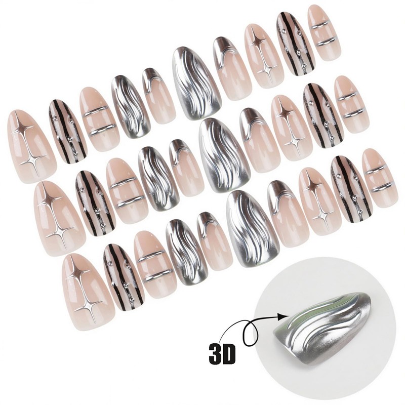 Silver Nails Press ons Short Almond Fake Nails Glossy Nude