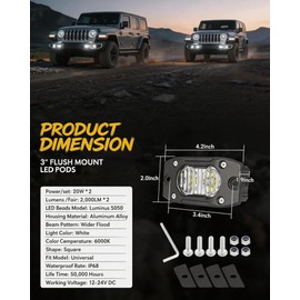 YCHOW-BEAM - Cápsulas LED de montaje empotrado, 2 unidades, 40 W, luces de marcha atrás, haz de inundación, luces de conducción todoterreno con arnés de cableado, luces de marcha atrás, barra de luz