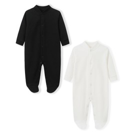BINIDUCKLING Baby Boys Girls Snap-Up Sleepsuit, Cotton Baby Footed Pajamas - Long Sleeve Baby Grows Sleepwear for 0-3 Months, Black and White